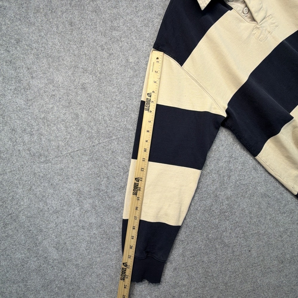 Vintage LL Bean Rugby Shirt Mens Medium Navy Blue Cream Striped Long Sleeve - Picture 5 of 7